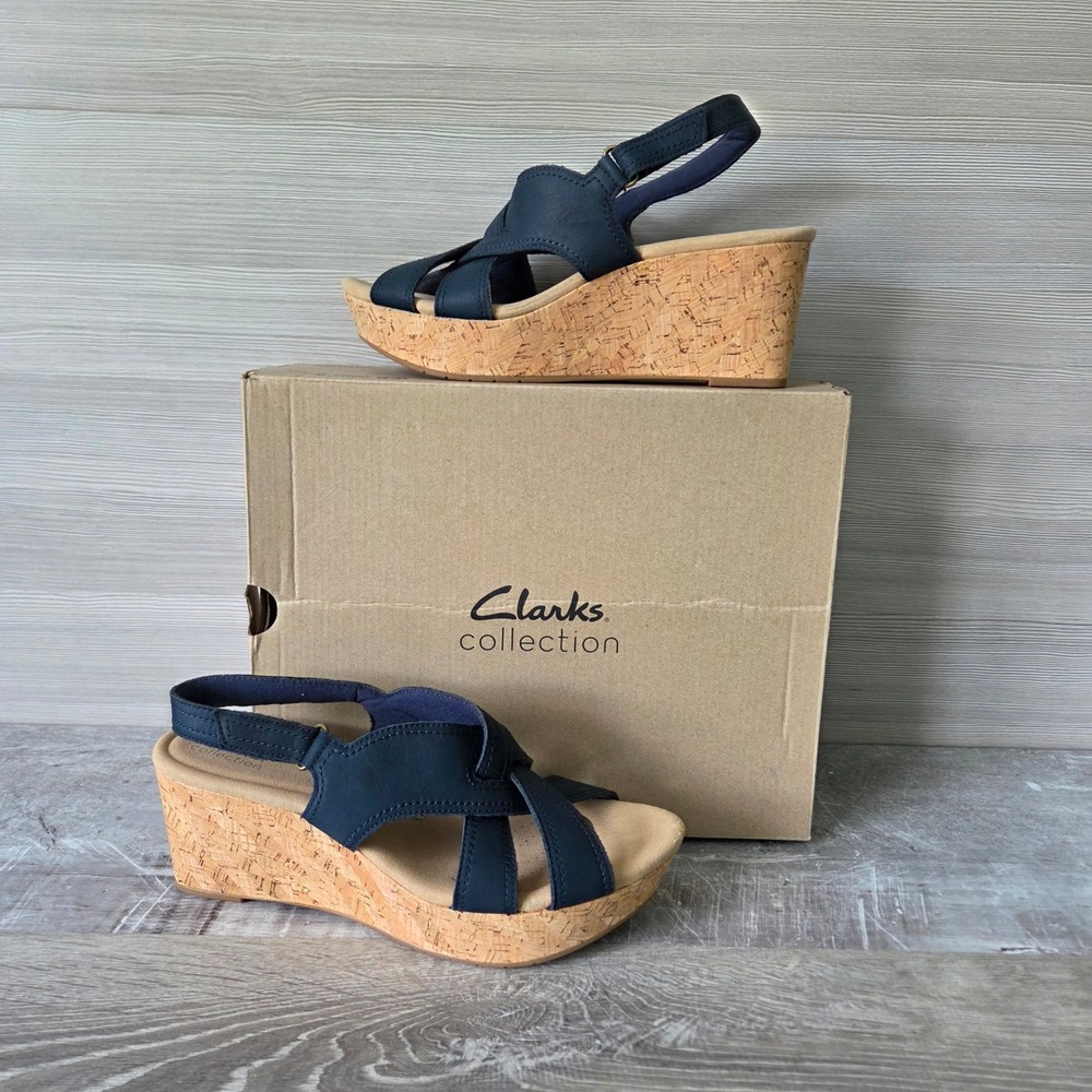 Clarks Rose Erin Wedge Sandals Size 11 Navy Nubuck Leather Cork Platform Sling